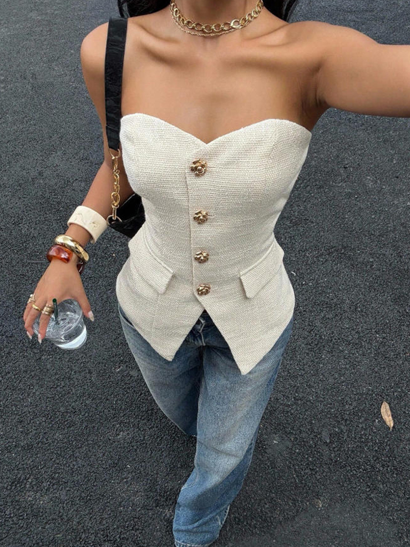 Cross-Border Amazon Chanel-Style Strapless Tube Top with Waist-Cinching Effect, Slimming Short Design, Buttoned Off-Shoulder Sexy Spicy Girl Top
