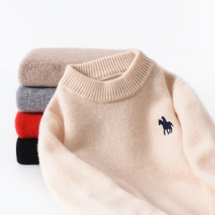 Autumn and Winter New Wool Sweater Children's Half-height Embroidered Pony Thickened Girls' Sweater Boys' Knitted Cashmere Sweater for Big Children