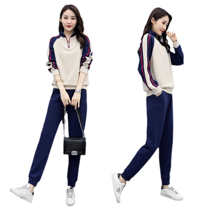 가을과 겨울 따뜻한 세트 캐주얼 패션 스포츠웨어 느슨한 스탠드 칼라 스웨터 바지 2 피스 여성 기모 두껍게