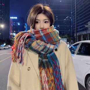 Korean-style Rainbow Plaid Imitation Cashmere Scarf Women's Autumn and Winter Couple's Warm-keeping Neck Long Shawl for Students