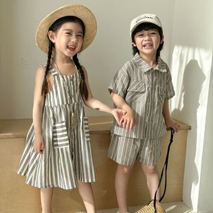 Children's Summer suit Boys' Shirt Striped 2025 New Baby Western Style Girls' Sling dress Brothers and Sisters