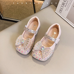 Aisa Crystal Princess Shoes 2024 Весна и Осень Новый лук Детская кожаная обувь Удобная мягкая подошва страз