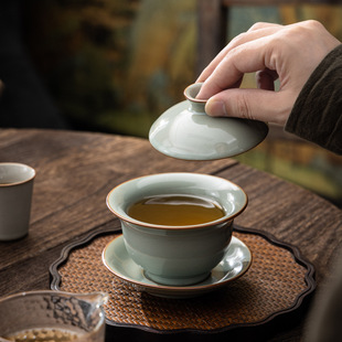 Light Luxury Ru Kiln Cover Bowl Tea Cup Tea Bowl Single Kung Fu Tea Set Household Ceramic Three-talent Cover Bowl Not Hot Tea Cup