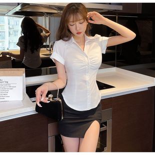 Pure Desire Shirt Tight Waist Pleated Slim White Shirt Women's Short Sleeve Professional OL Uniform Work Clothes College Style Top