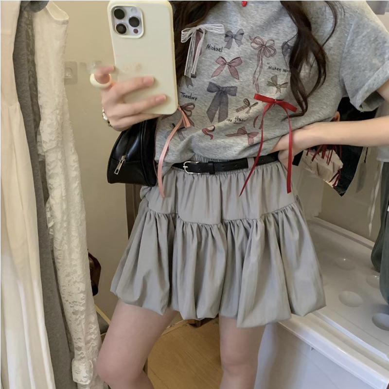 Korean Style Anti-Exposure Pleated Flower Bud Skirt for Women 2025 Summer New High-Waisted Age-Reducing Petite Puffy Skirt