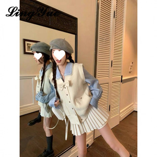 Korean Style College Style suit Bow Knitted Vest Shirt Women's Spring and Autumn High Waist Half-length Skirt Three-piece Set