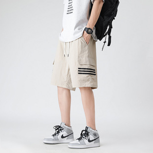 2024 Summer Striped Multi-Pocket Cargo Shorts Men's Retro Loose Trendy Versatile Medium Pants