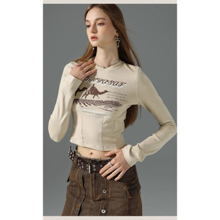 [210g 40 cotton] round neck printed long sleeve T-shirt women's slim slim cotton short coat