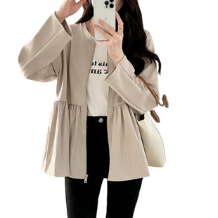 2025 autumn and winter new Japanese and Korean women's clothing contrast stitching waist long sleeve light jacket zipper coat women's top
