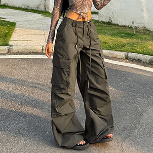 European and American New Style Workwear Wide Leg Slim Casual Pants Women's Hot Girl Personalized Street Pocket Stitching Lace-up Pants for Summer