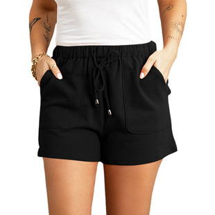 2023 Amazon Casual Pants Women's Summer Cross-border Solid Color New High Waist Straight Drawstring Loose Casual Shorts Women