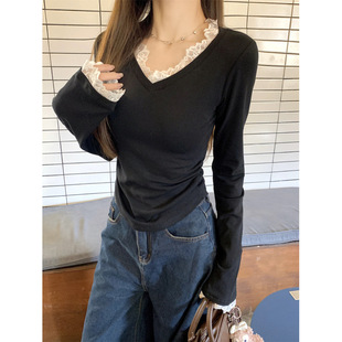 Real Shot Early Spring Korean Style Slim-fit V-neck Lace Edge Horn Sleeve Pleated Slim-fit Long Sleeve T-shirt Inner Top