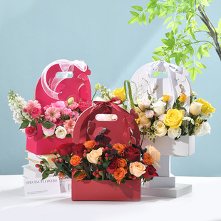 Bow hand flower packaging bag paper hollow flower arrangement packaging box flower bouquet gift box Valentine's Day