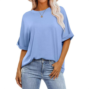 2025 summer new Amazon Europe and the United States new sleeved oversized loose round neck T-shirt cross-border foreign trade women's T-shirt
