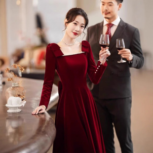 Bride Toast Dress 2024 New Engagement Wedding Dress Retro Elegant Autumn and Winter Style Banquet Back-to-door casual dress