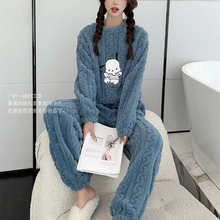 Autumn and Winter Hapa Dog Solid Color Jacquard Cotton Velvet Warm suit Pajamas Home Clothes Women's Warm Thickened Two-piece Set