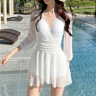 2022 South Korea new hot spring swimsuit sexy backless belly covering slimming mesh stitching one-piece dress swimsuit for women