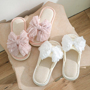 Cross-border Amazon bow linen slippers indoor sandals European and American slippers summer home girls cotton and linen slippers women