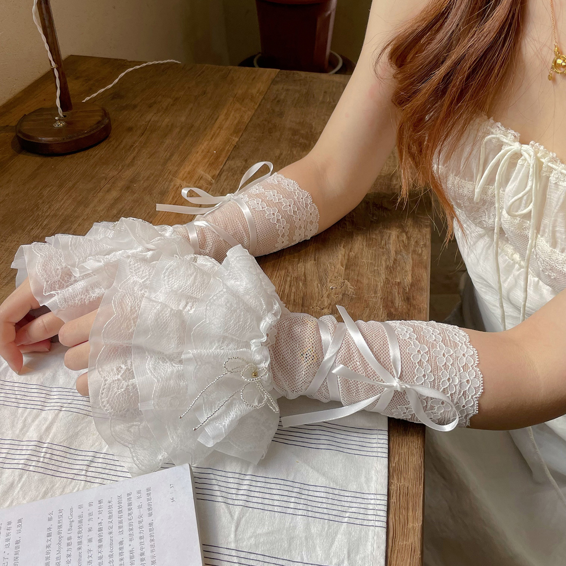 Ballet-Style Lolita Lace-Up Sleevelets with Sweet Bowknots, Versatile Thin Lace Patchwork Sleeve Covers for Women