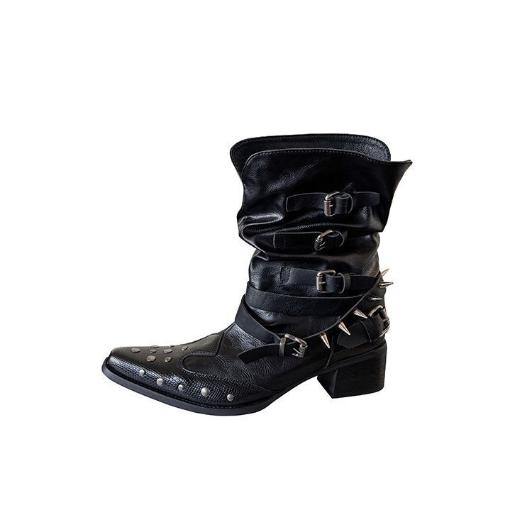 2026 Super Trendy Short Boots with Pointed Toe, Chunky Heel, Studded Design, V-Cut Western Cowboy Martin Boots for Women, British Style