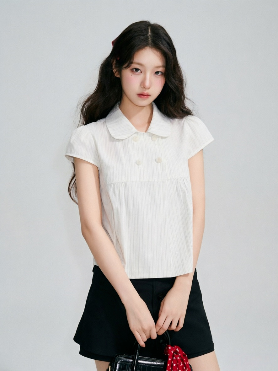 Umouo Summer Sweet and Lazy Doll Collar Double-Breasted Striped Shirt Loose Slimming Artistic Blouse