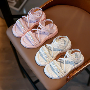 Girls' Sandals 2024 Summer New Arrival Little Girl Fashion Mid-Big Children's Beach Shoes Children's Sandals Pearl Princess Shoes