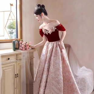 One-Shoulder wine red Toast Dress Bride Summer New High-Style French Retro Engagement Dress for Small Men