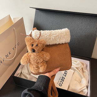 South Korea brown mobile phone small square bag suede lamb plush bag women ins blogger autumn and winter hair messenger bag