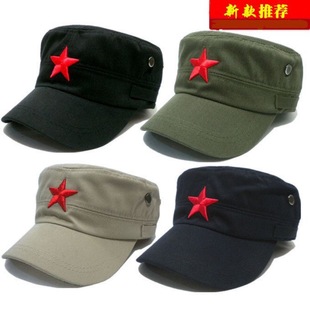 Embroidered red five-pointed star military hat flat top hat men's and women's spring and autumn hat Four Seasons sun hat peaked cap five-star hat