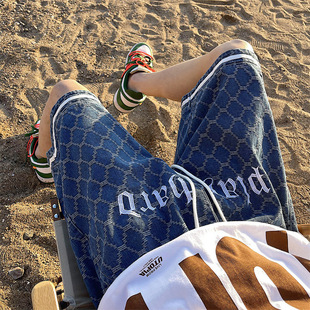High Street Denim Shorts Men's Summer Trendy Design Sense Embroidered Plaid Pants American Style Retro Wide Leg Pants