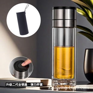 One-button lid opening quick opening thermos cup high-grade business double-layer insulated water cup car tea separation gift cup