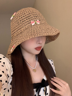 Seaside Vacation Straw Hat Spring Flower Straw Fisherman Hat Women's Summer Hollow Breathable Sunshade Sunscreen Bucket Hat