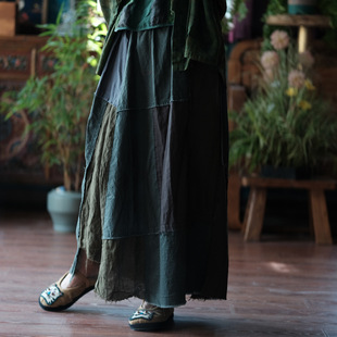 Luoguni Light Custom-Made Retro Literary Linen Washed Raw Edge Skirt 1967 Green Patchwork