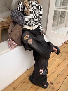 European and American retro distressed washed patch stitching jeans women's 2024 spring and autumn new hot girl design sense mop pants