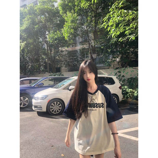 The upper body version is huge! American-style Hip-hop High-street Raglan Short-sleeved T-shirt Women's Summer Design Sense Niche All-match Top