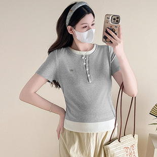 Maternity in stock Pregnant Women's Top Small 2025 New Casual Simple Fake Two-piece Short-sleeved Summer 2025