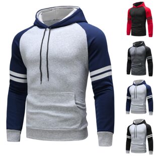 2023 new cross-border leisure sports fitness contrast color men's autumn and winter color matching striped sweater pullover hooded plus