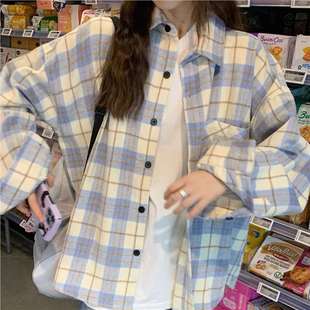 Vintage Blue Plaid Shirt Women's 2024 New Arrival Korean Style Elegant Ins Loose Casual Slim-fit Shirt Outer Wear