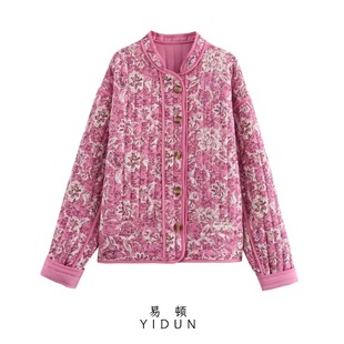 Cross-border Foreign Trade European and American Women's 2024 Summer New Street Fashion Top Printed Quilted Cotton Jacket