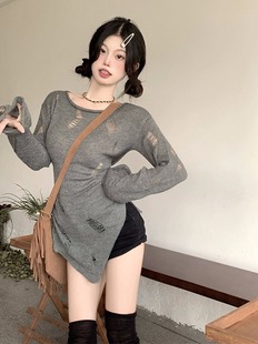 Lazy style ripped long-sleeved knitted blouse women's autumn thin irregular design niche top coat