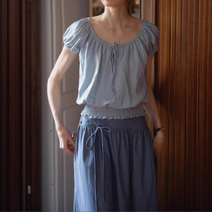 2025SS high-end 100 natural rain and dew sand wash linen lace-up division mark short sleeve top