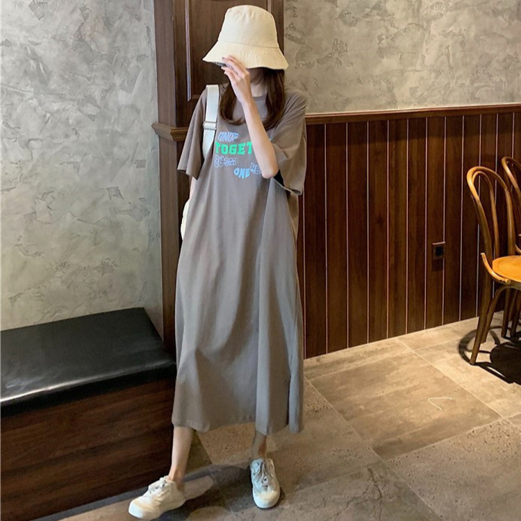 코튼 롱 티셔츠 여성용 포켓 여름 유럽과 미국의 반팔 느슨한 편지 게으른 무릎 전체 원피스 인쇄