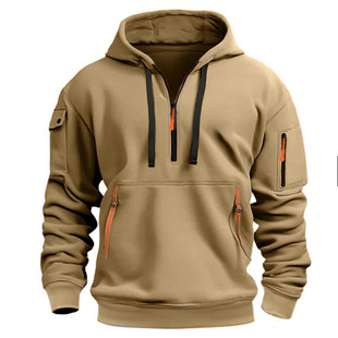 Spring and Autumn European Size Cross-Border Popular Men's Casual Sports Multi-Zip Arm Flap Pocket Pants Large Size Sweatshirt Pullover Hooded