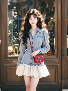 French Design Sense Stitching Denim dress Women's 2025 Spring New Waist Slimming Short Skirt Fashion Women's Clothing