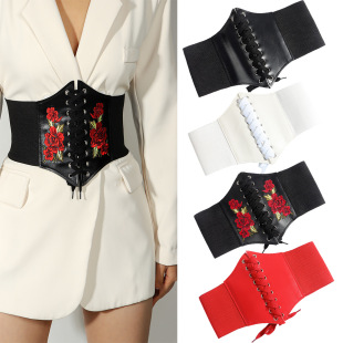 Embroidered rose women's waist girdle style belt with dress elastic wide belt decorative overcoat