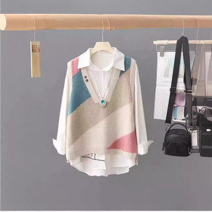 Spring and Autumn 2024 New Women's Clothing Outer Wear Contrast V-neck Sweater Pullover Knitted Sweater Stacked Waistcoat Vest Women's Waistcoat