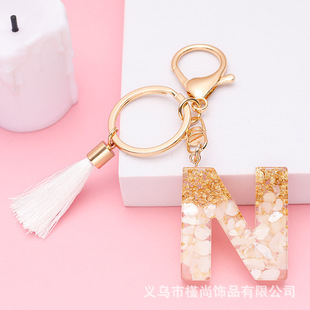 New white tassel letter key chain popular women's bag Car pendant crystal drop glue English letters in stock