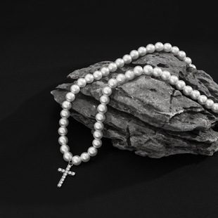 Europe and the United States cross-border hot pearl diamond cross necklace men's fashion hip hop pendant vintage high street clavicle chain necklace