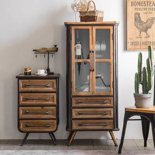 American style bucket cabinet solid wood retro iron industrial style old coffee shop living room wine cabinet storage cabinet side cabinet high cabinet