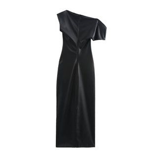 10898-2024 Autumn New Women's Wear European and American Wind Oblique Neck Asymmetric pu Leather Slim Fit dress Women's